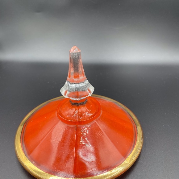 Mid Century Clear Glass Candy Dish w/Orange glass lid - Picture 2 of 11